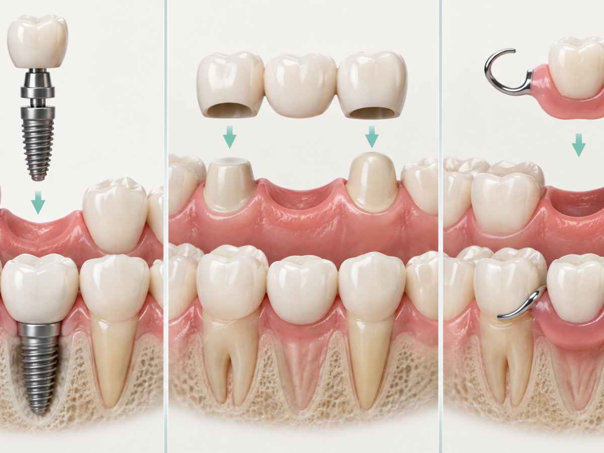 Missing tooth के लिए implant bridge denture तुलना