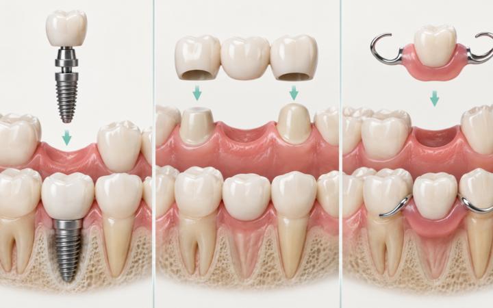 Missing tooth के लिए implant bridge denture तुलना